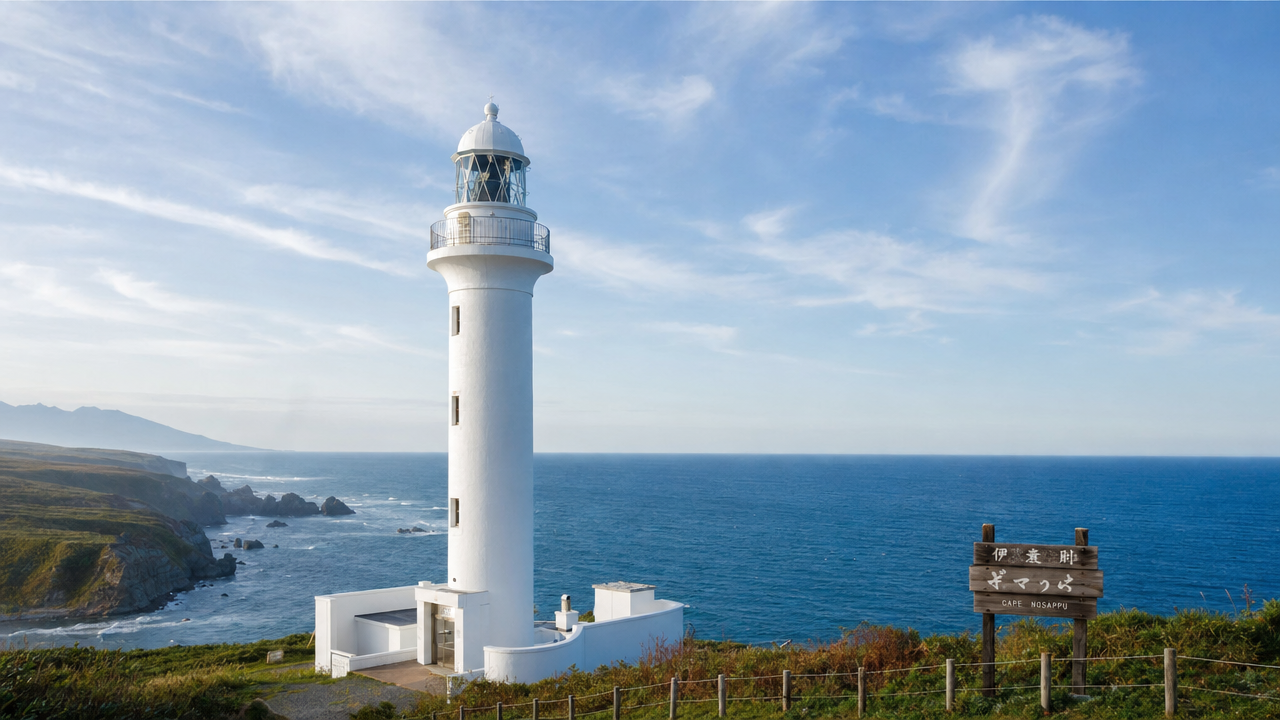 納沙布岬灯台 — 日本最東端に建つ白亜の灯台と、その背後に広がる太平洋