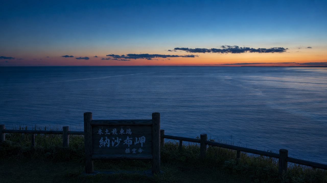 夜明け前の納沙布岬 — 深い藍色の海と水平線が交差する日本最東端の風景