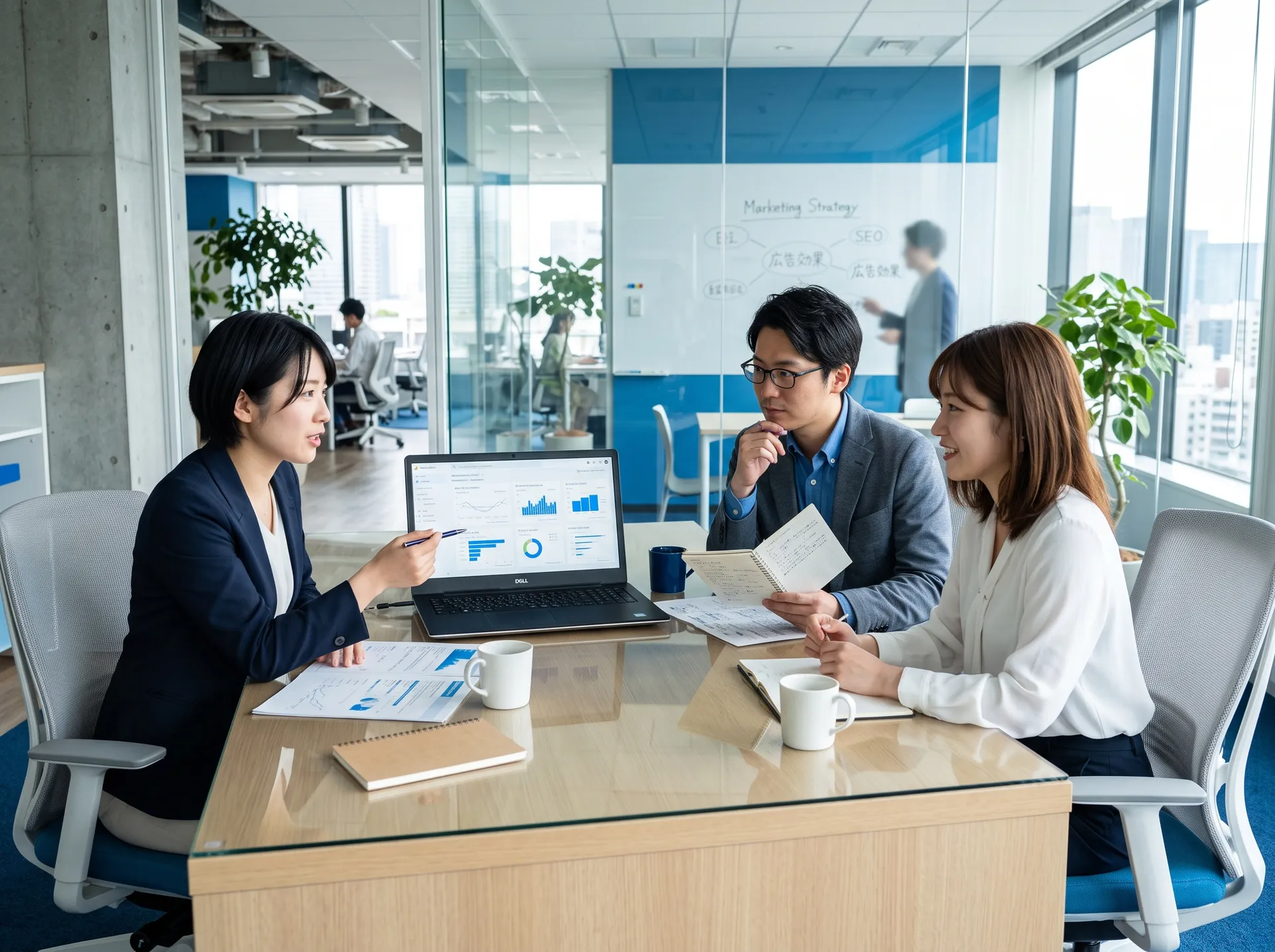 ダッシュボードを見ながら議論するマーケティングチーム