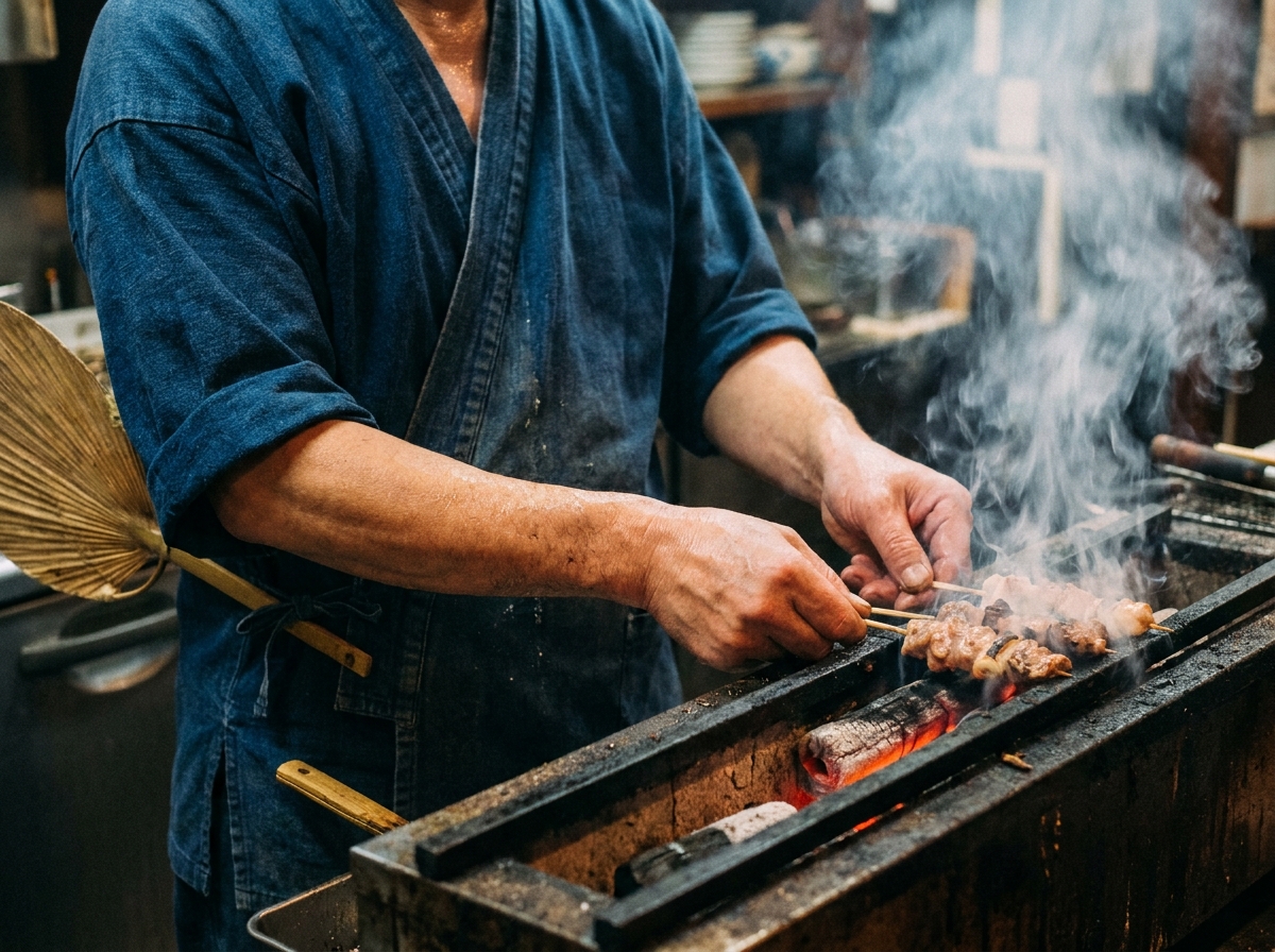 炭火の焼き台で串を焼く職人